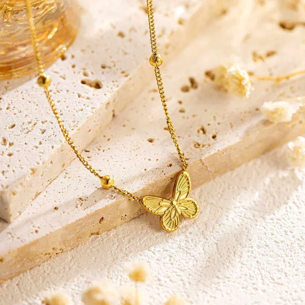 Vintage Butterfly Stainless Steel Pendant Necklace 